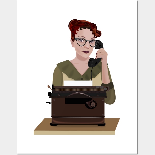 Pin-up girl secretary near the typewriter Wall Art by Comfylana